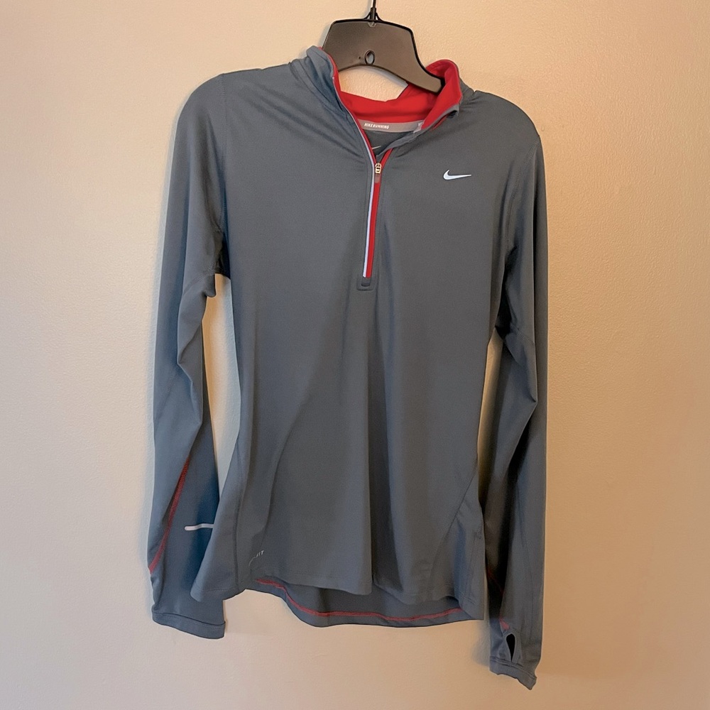 Nike Running Dry Fit Gray Quarter Zip Long Sleeve W/Thumb Opening Womens Size S